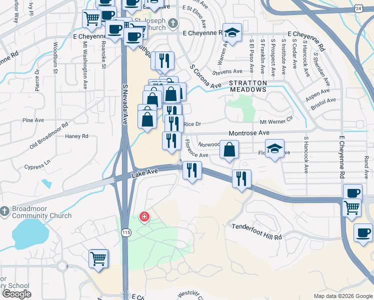 map of restaurants, bars, coffee shops, grocery stores, and more near 1011 Florence Avenue in Colorado Springs
