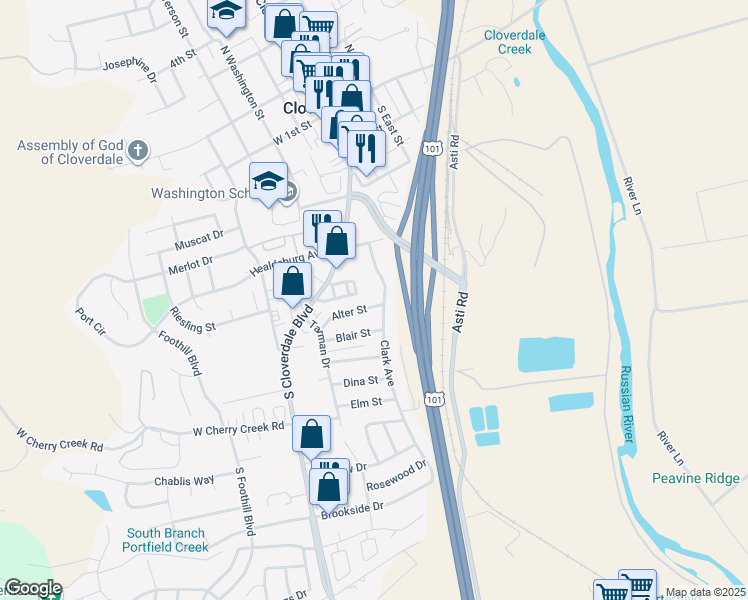 map of restaurants, bars, coffee shops, grocery stores, and more near 33 Alter Street in Cloverdale