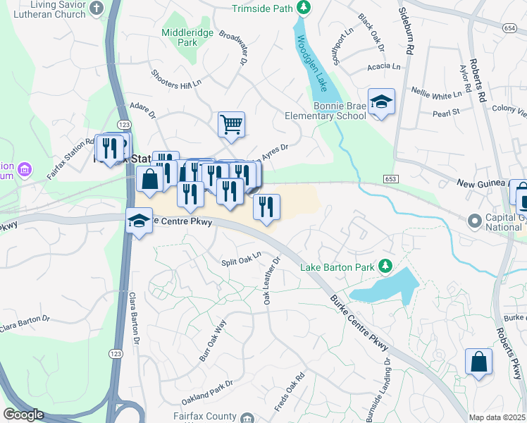 map of restaurants, bars, coffee shops, grocery stores, and more near 5793 Burke Centre Parkway in Burke