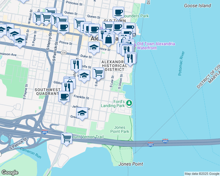 map of restaurants, bars, coffee shops, grocery stores, and more near 523 South Lee Street in Alexandria