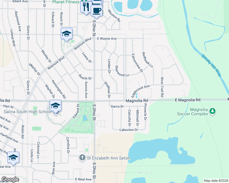 map of restaurants, bars, coffee shops, grocery stores, and more near 1221 Sequoia Dr in Salina