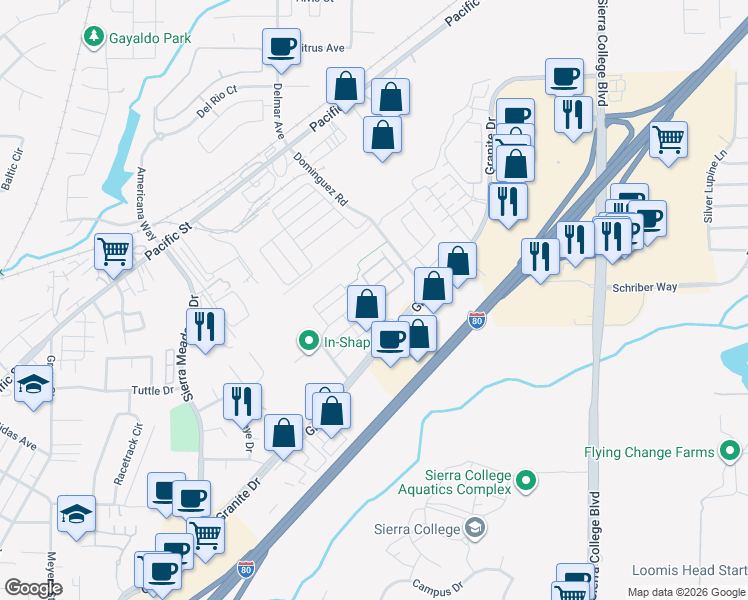 map of restaurants, bars, coffee shops, grocery stores, and more near 4426 Bonneville Circle in Rocklin