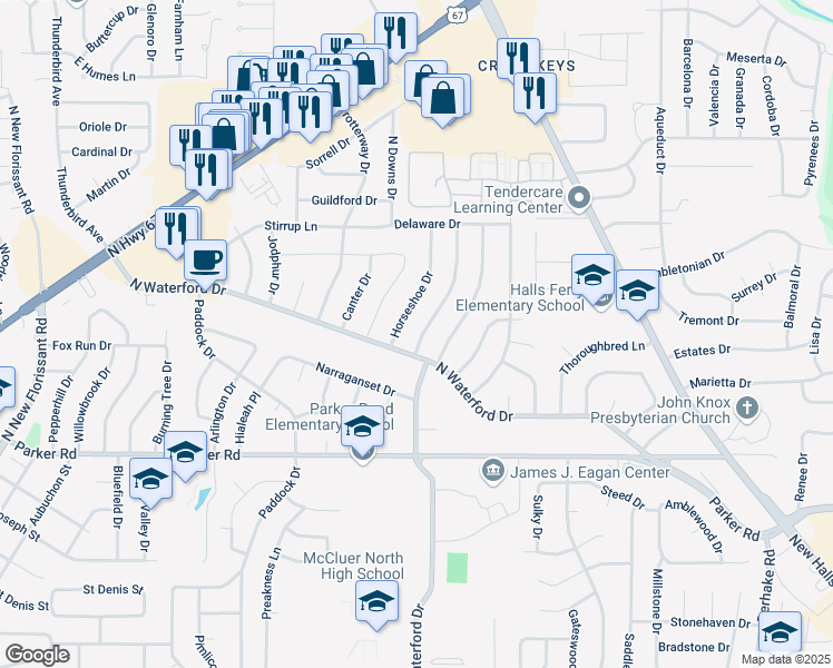 map of restaurants, bars, coffee shops, grocery stores, and more near 1545 Fairmount Drive in Florissant