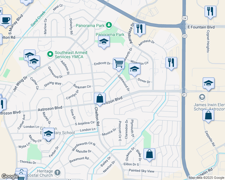 map of restaurants, bars, coffee shops, grocery stores, and more near 4749 Dover Drive in Colorado Springs
