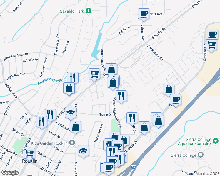 map of restaurants, bars, coffee shops, grocery stores, and more near 2250 Sierra Meadows Drive in Rocklin