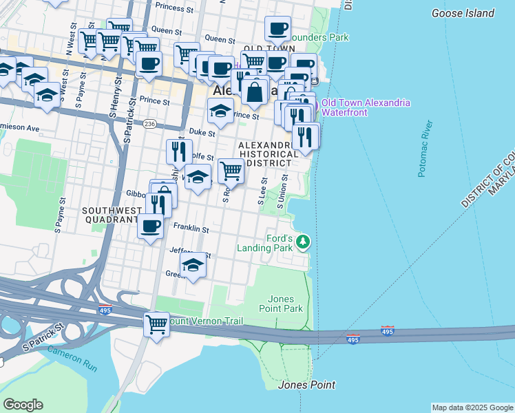 map of restaurants, bars, coffee shops, grocery stores, and more near 523 South Lee Street in Alexandria