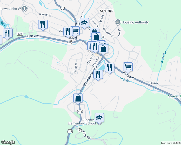 map of restaurants, bars, coffee shops, grocery stores, and more near 509 Church Street in Spencer