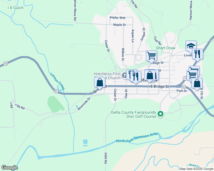 map of restaurants, bars, coffee shops, grocery stores, and more near 390 Colorado 92 in Hotchkiss