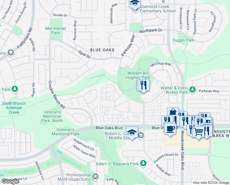 map of restaurants, bars, coffee shops, grocery stores, and more near 2048 Avignon Lane in Roseville