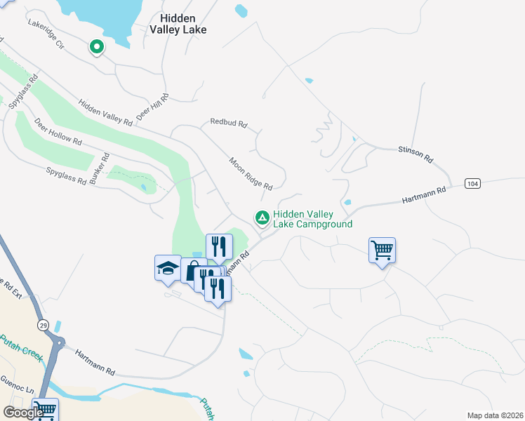 map of restaurants, bars, coffee shops, grocery stores, and more near 18071 Vista Point Court in Hidden Valley Lake