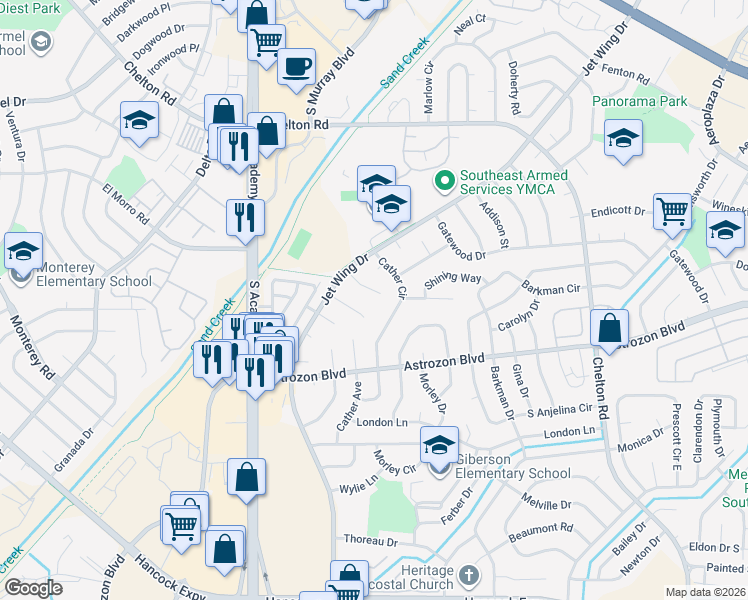 map of restaurants, bars, coffee shops, grocery stores, and more near 4075 Candea Court in Colorado Springs