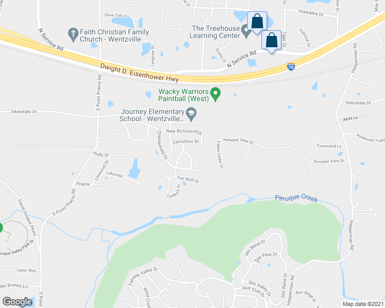 map of restaurants, bars, coffee shops, grocery stores, and more near 610 New Hampton Drive in Wentzville