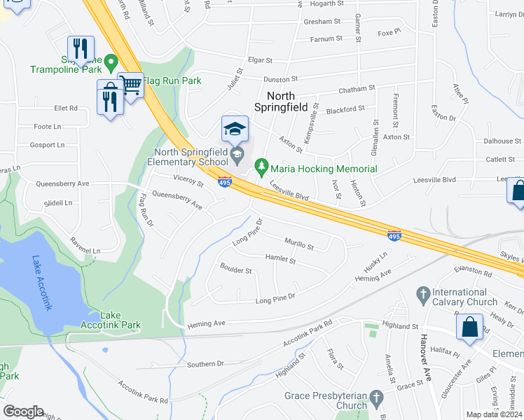 map of restaurants, bars, coffee shops, grocery stores, and more near 7403 Long Pine Drive in Springfield