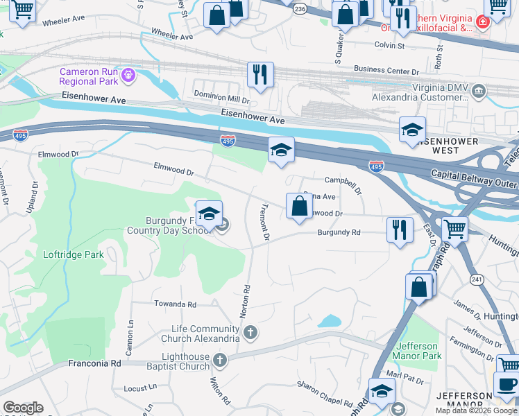 map of restaurants, bars, coffee shops, grocery stores, and more near 5608 Tremont Drive in Alexandria