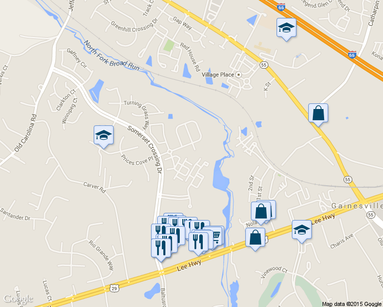 map of restaurants, bars, coffee shops, grocery stores, and more near 7304 Respite Court in Gainesville