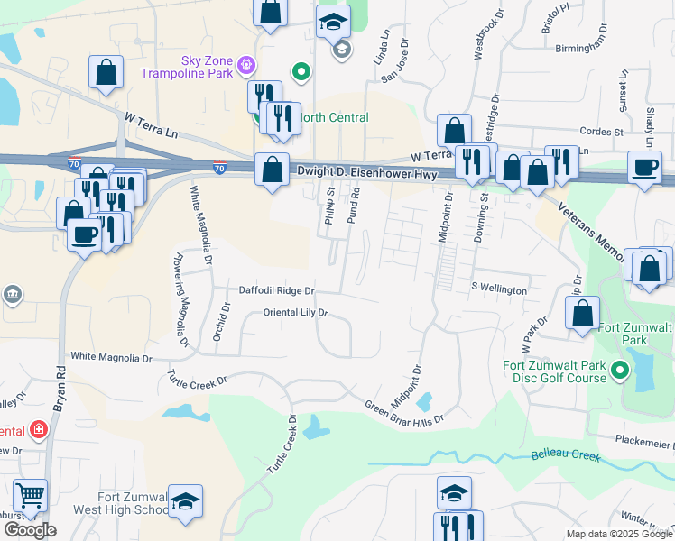 map of restaurants, bars, coffee shops, grocery stores, and more near 849 Pund Road in O'Fallon
