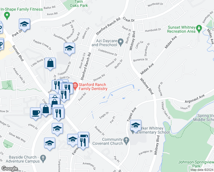 map of restaurants, bars, coffee shops, grocery stores, and more near 4603 Slate Court in Rocklin