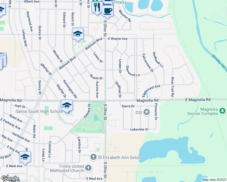 map of restaurants, bars, coffee shops, grocery stores, and more near 1112 Revere Drive in Salina