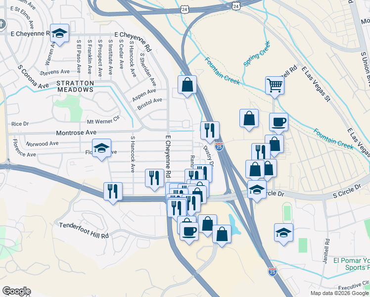 map of restaurants, bars, coffee shops, grocery stores, and more near 1312 Florence Avenue in Colorado Springs