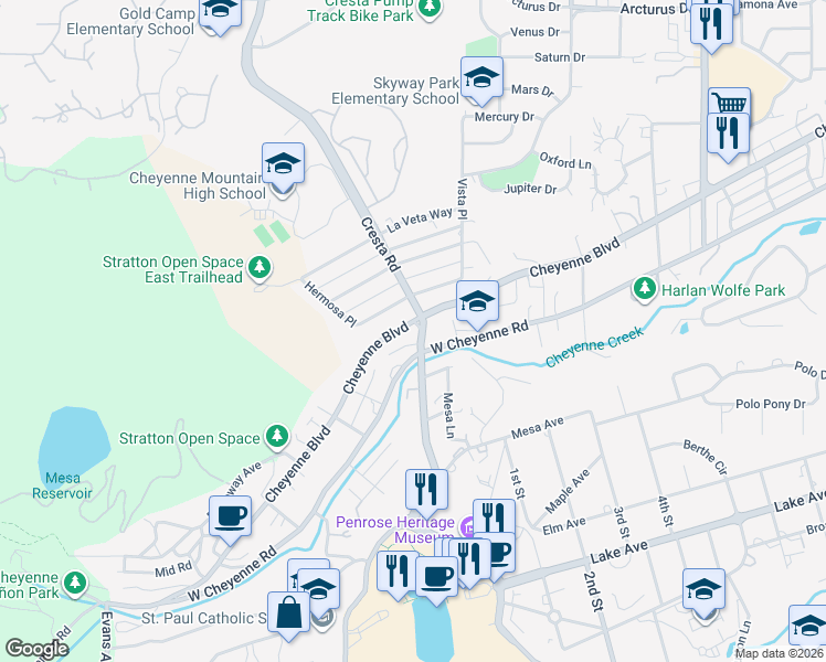 map of restaurants, bars, coffee shops, grocery stores, and more near 2 Cresta Road in Colorado Springs