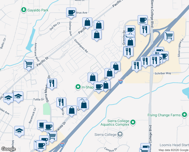 map of restaurants, bars, coffee shops, grocery stores, and more near 4426 Bonneville Circle in Rocklin