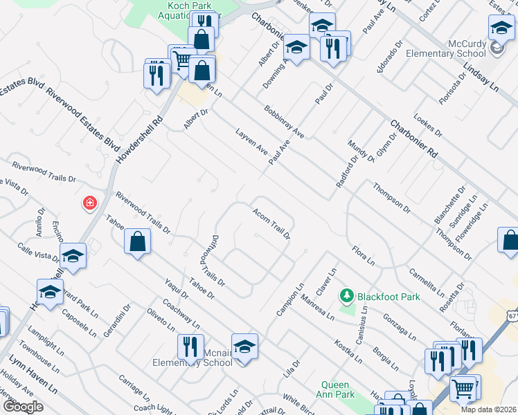 map of restaurants, bars, coffee shops, grocery stores, and more near 1966 Acorn Trail Drive in Florissant