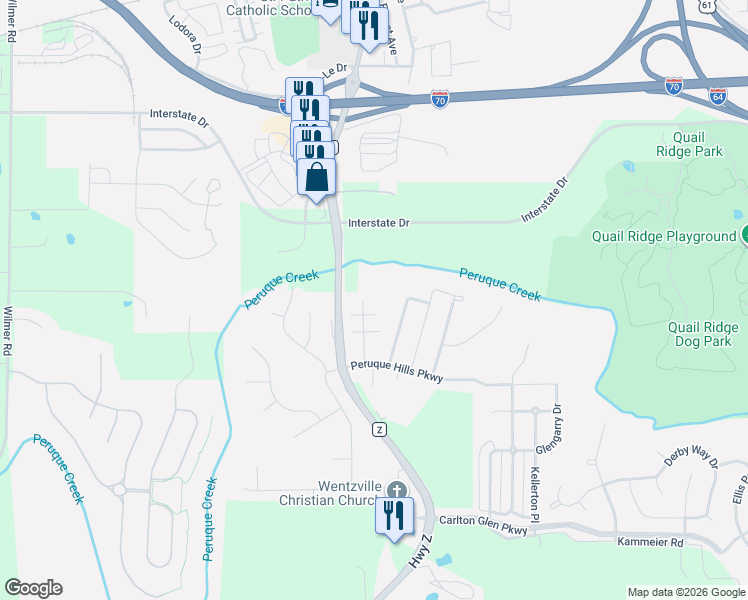 map of restaurants, bars, coffee shops, grocery stores, and more near 402 Peruque Valley Drive in Wentzville