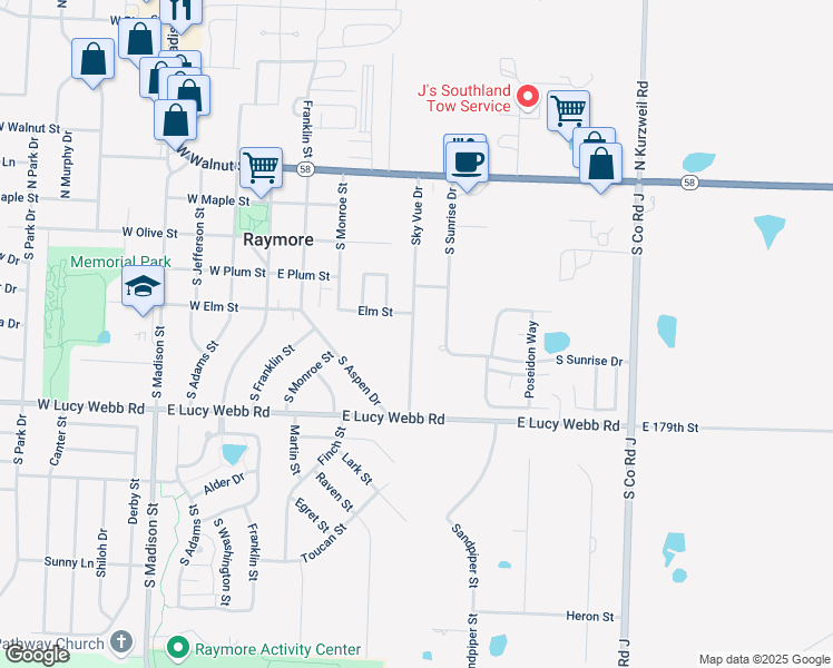 map of restaurants, bars, coffee shops, grocery stores, and more near 505 Sky Vue Drive in Raymore