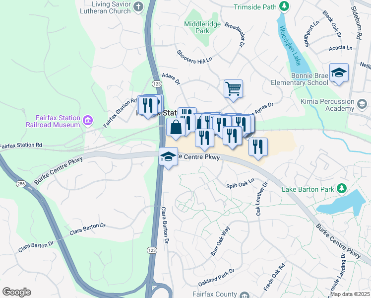 map of restaurants, bars, coffee shops, grocery stores, and more near 5649 Burke Centre Parkway in Fairfax Station