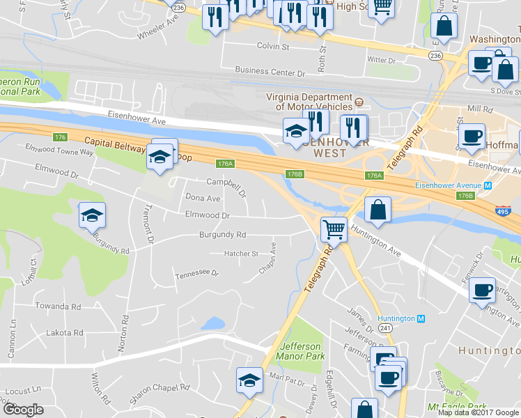 map of restaurants, bars, coffee shops, grocery stores, and more near 5608 Eleanor Court in Alexandria