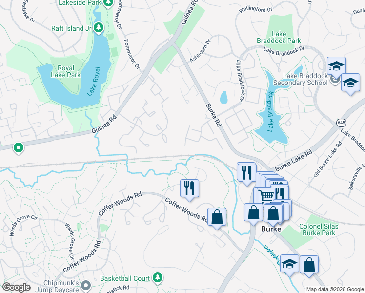 map of restaurants, bars, coffee shops, grocery stores, and more near 5786 Crownleigh Court in Burke