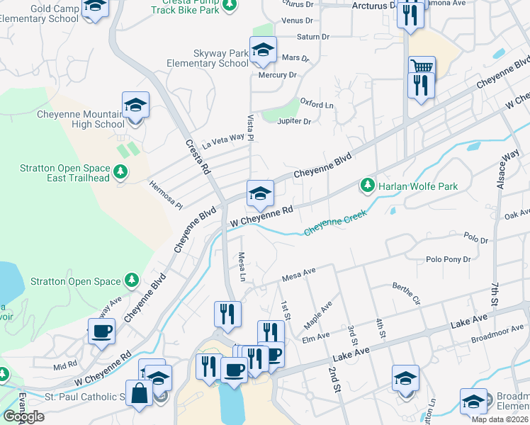 map of restaurants, bars, coffee shops, grocery stores, and more near 1118 Cheyenne Boulevard in Colorado Springs