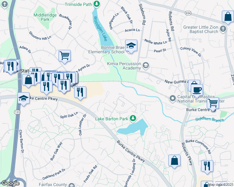 map of restaurants, bars, coffee shops, grocery stores, and more near 5674 Oak Tanager Court in Burke