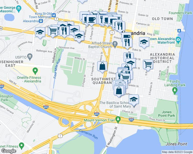 map of restaurants, bars, coffee shops, grocery stores, and more near 629 South Henry Street in Alexandria