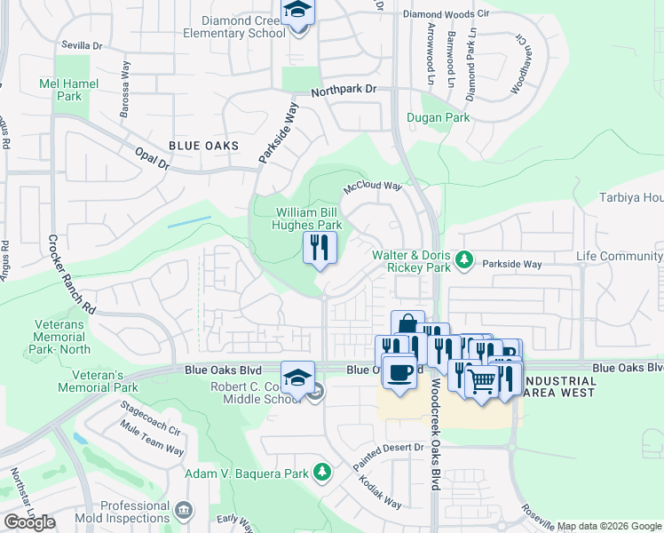 map of restaurants, bars, coffee shops, grocery stores, and more near 120 Diamond Creek Place in Roseville