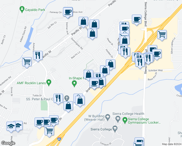 map of restaurants, bars, coffee shops, grocery stores, and more near 4426 Bonneville Circle in Rocklin