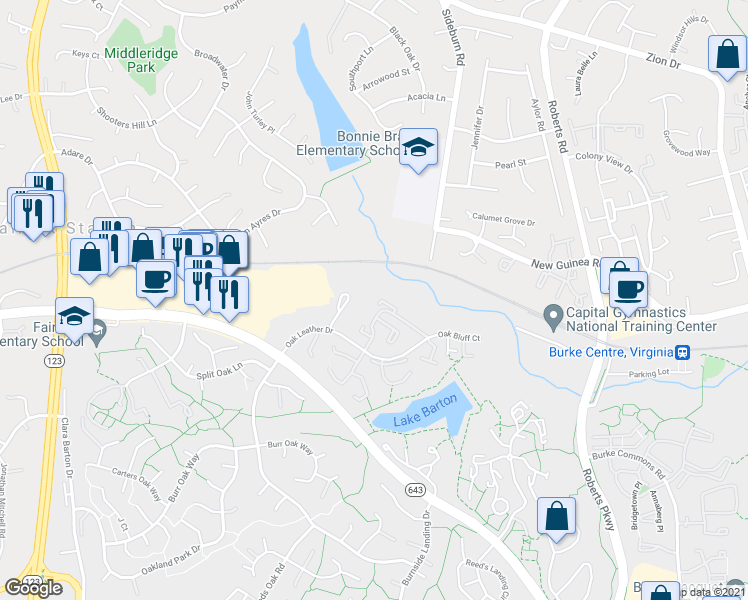 map of restaurants, bars, coffee shops, grocery stores, and more near 5674 Oak Tanager Court in Burke
