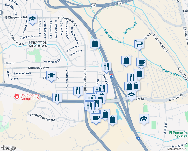 map of restaurants, bars, coffee shops, grocery stores, and more near 1312 Florence Ave in Colorado Springs