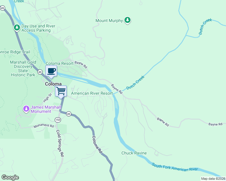 map of restaurants, bars, coffee shops, grocery stores, and more near 6070 Bayne Road in Placerville