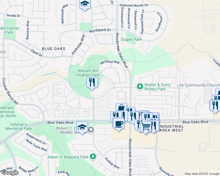 map of restaurants, bars, coffee shops, grocery stores, and more near 135 Diamond Creek Place in Roseville