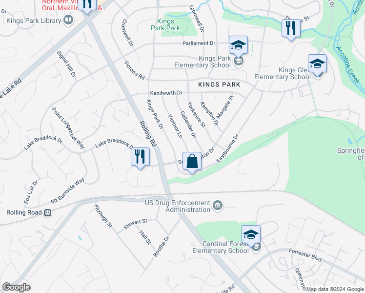 map of restaurants, bars, coffee shops, grocery stores, and more near 5602 Ventnor Lane in Springfield