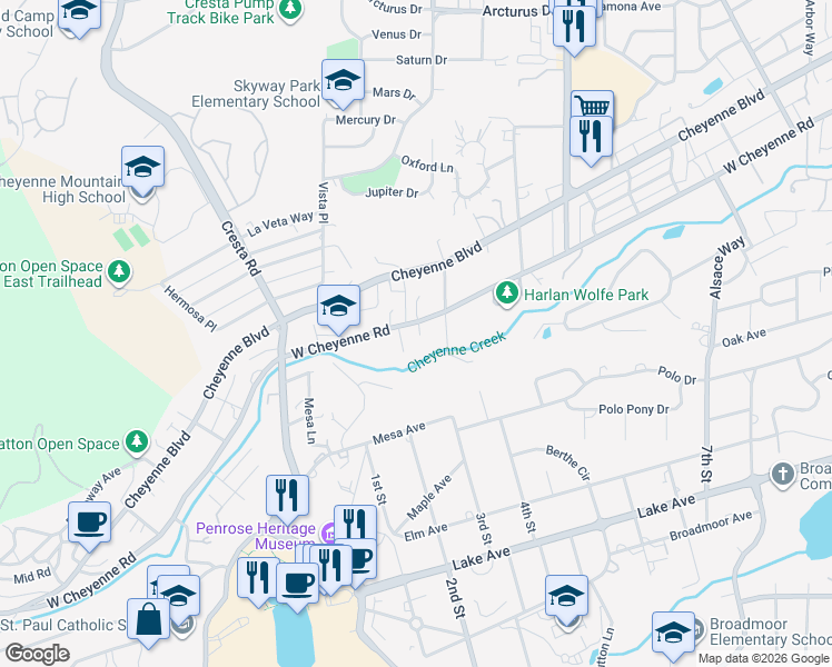 map of restaurants, bars, coffee shops, grocery stores, and more near 1017 West Cheyenne Road in Colorado Springs