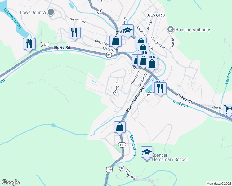 map of restaurants, bars, coffee shops, grocery stores, and more near 206 Vannoy Lane in Spencer