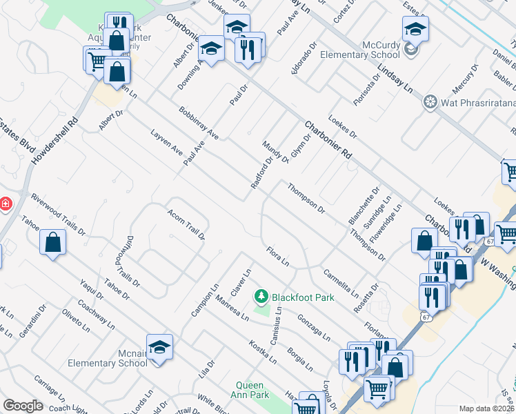 map of restaurants, bars, coffee shops, grocery stores, and more near 1160 Flora Lane in Florissant