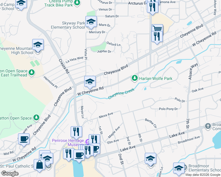 map of restaurants, bars, coffee shops, grocery stores, and more near 1017 West Cheyenne Road in Colorado Springs
