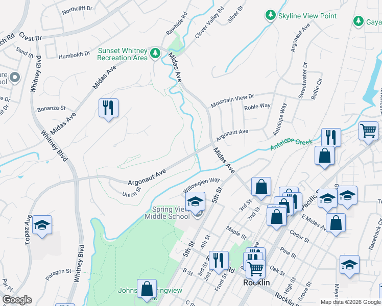 map of restaurants, bars, coffee shops, grocery stores, and more near 3325 Argonaut Avenue in Rocklin