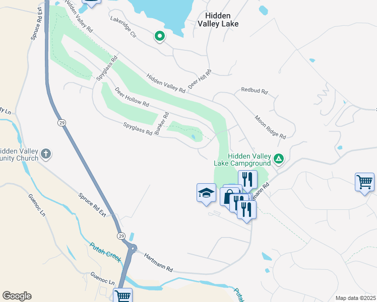 map of restaurants, bars, coffee shops, grocery stores, and more near 18889 Spyglass Road in Hidden Valley Lake