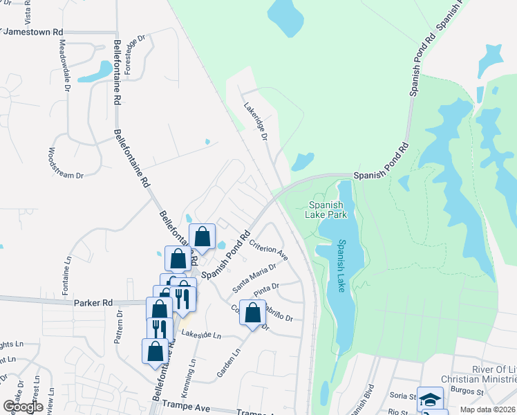 map of restaurants, bars, coffee shops, grocery stores, and more near 12445 Pizarro Drive in St. Louis