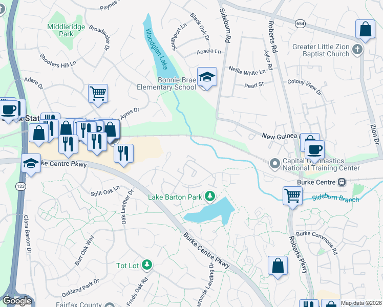 map of restaurants, bars, coffee shops, grocery stores, and more near 5654 Oak Tanager Court in Burke