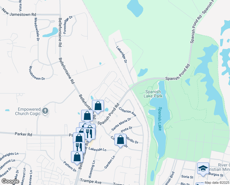 map of restaurants, bars, coffee shops, grocery stores, and more near 12431 Spanish Pond Road in St. Louis